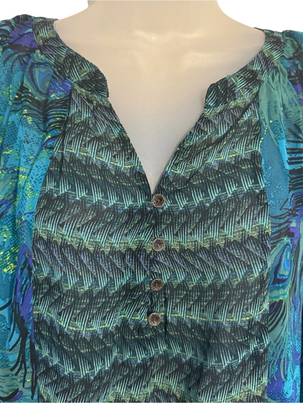 Peacock Print Teal and Blue Peasant Blouse XLARGE   #K - Picture 2 of 9